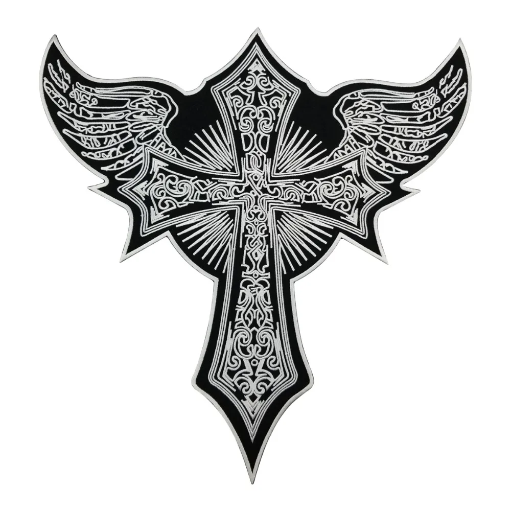 CROSS WITH WINGS Rider Motorcycle Embroidered Iron On Back of Jacket Patch Black twill fabric Free Shipping DIY Eco-Friendly(1)
