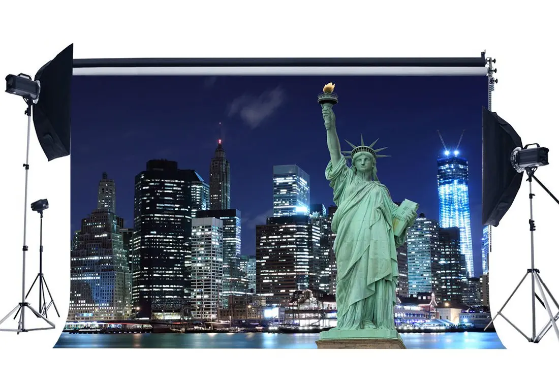 

Statue of Liberty Backdrop New York City Night View Backdrops River Bokeh Shining Lights Skyscraper Photography Background