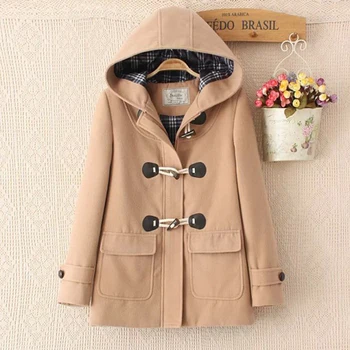 

Winter Women Cotton Jackets Long Casual Hooded Horn Button Woolen Coats Outwears Female Loose Woolen Blends Coats FP1735