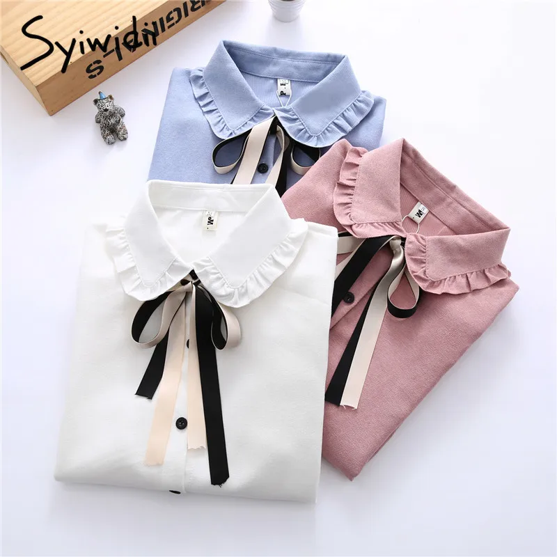 

Corduroy Bow Tie Blouses Cotton Peter Pan Collar Tops Long Flare Sleeve Ruffle Blouse Pink Blue White Blouse Korea Blouse Women