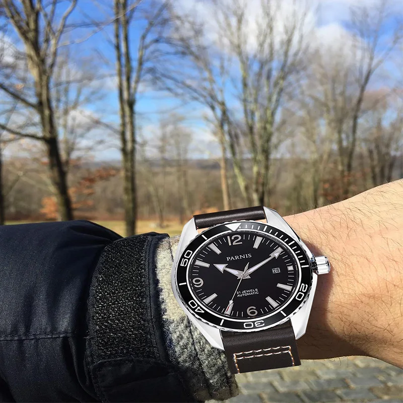 شحن مجاني 45 مللي متر Parnis ساعات آلية للماء التلقائي ووتش السيراميك Rotatig الحافة 5ATM الياقوت ساعة معصم الرجال