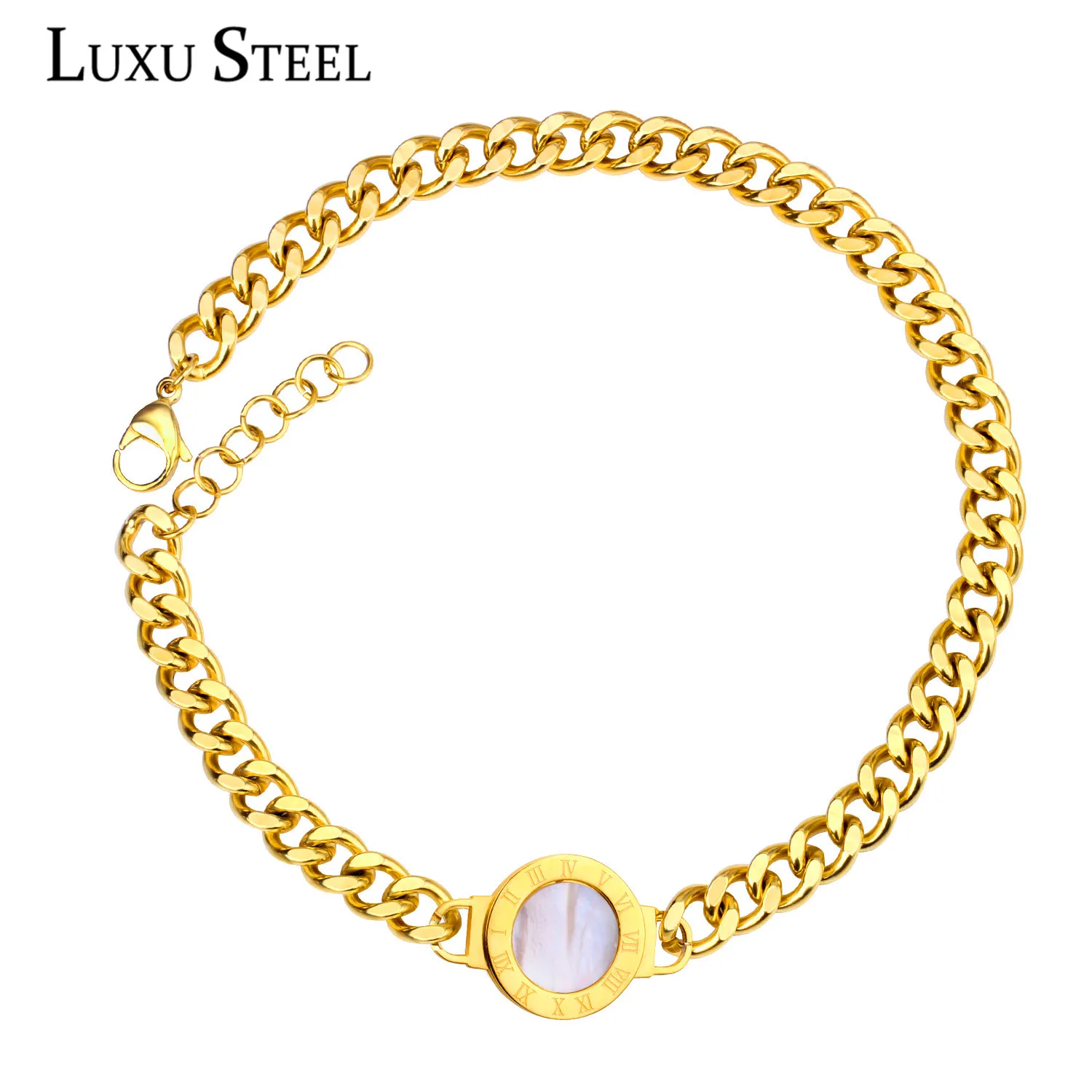 

LUXUSTEEL Fashion Shell Double Wrap Stainless Steel Bracelet Gold White /Black Shell Roman Number Bracelet & Bangle For Men