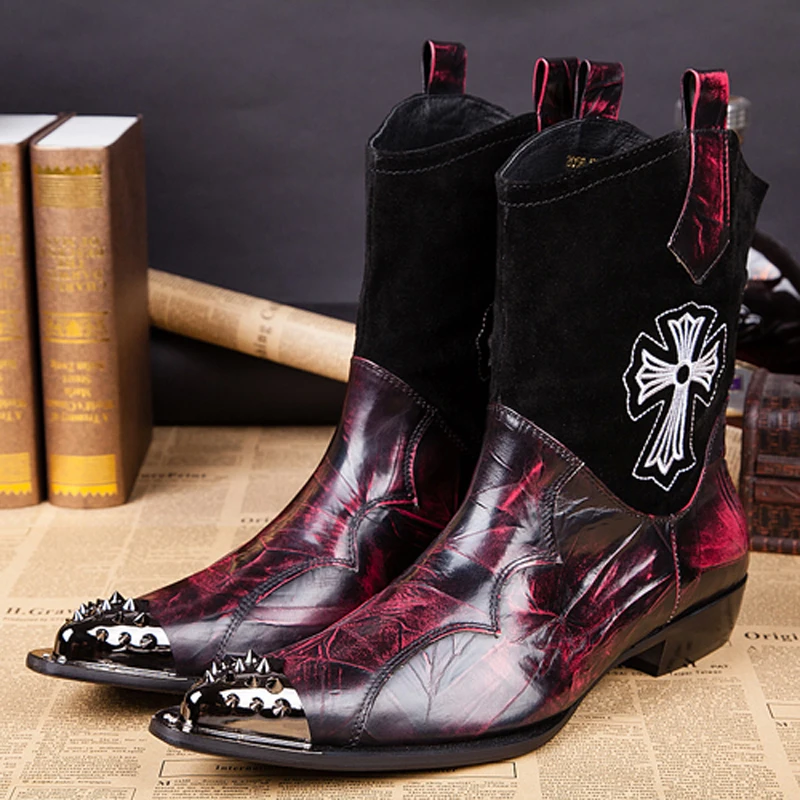 

2016 New Fashion Genuine Leather Formal Brand Man Ankle Boots Men's Mixed Colors Metal Pointed Toe Cowboy Fashion Shoes FPT021