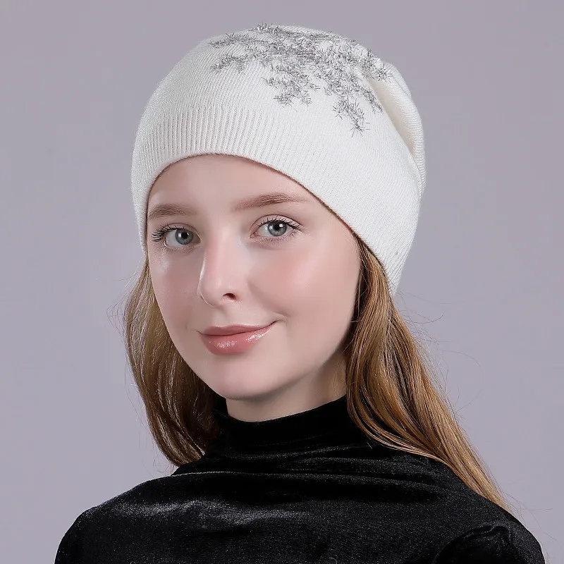

Women Winter Knit Hat Wool Warm Autumn Beanie Doule Layer Cashmere Snowflake Casual Stretchy Female Sports Outdoor Ski Accessory