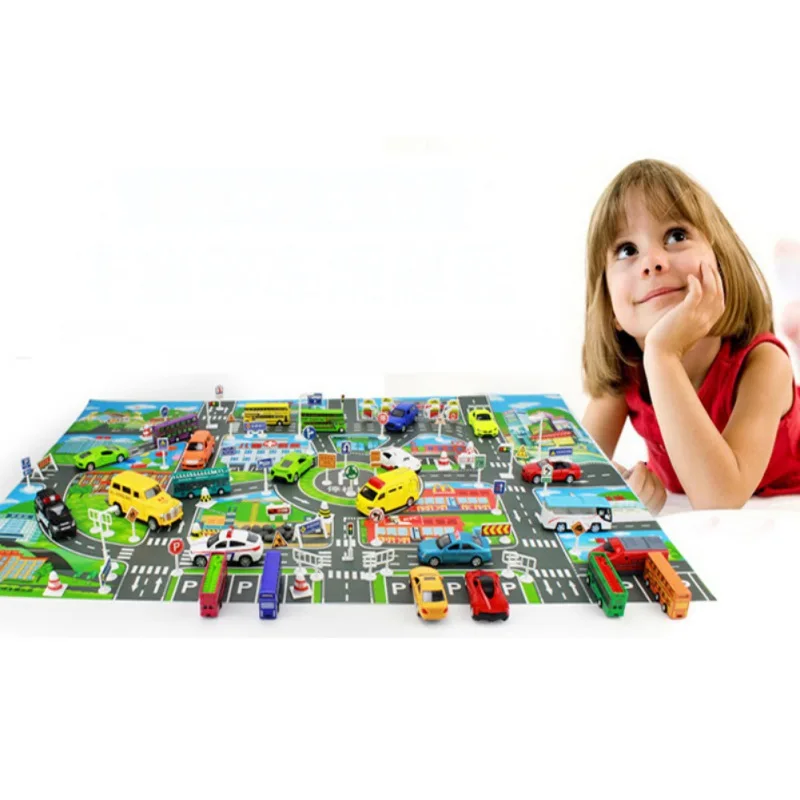 

Puzzle Children's Car Toys 10 Cars + 1 Map City Parking Map Road Map Toy Model Car Climbing Pad English Children's Day Gifts