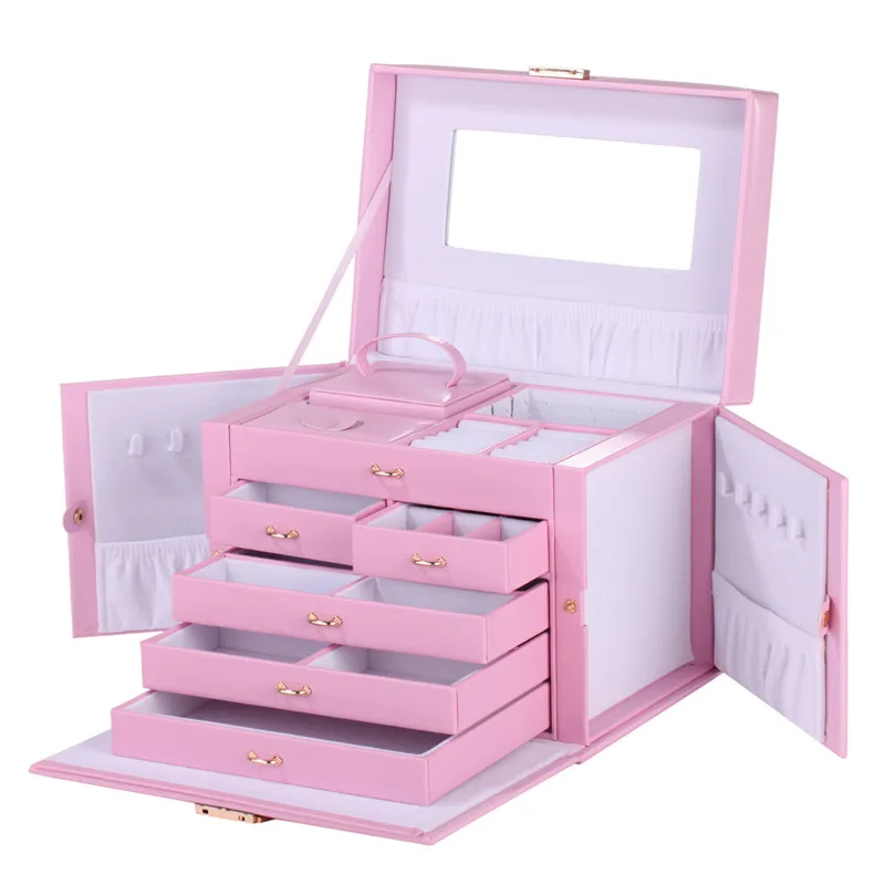 Pink Large Jewelry Box Velvet Organizer Gift Girls Women Necklace Rings Earrings Display Storage