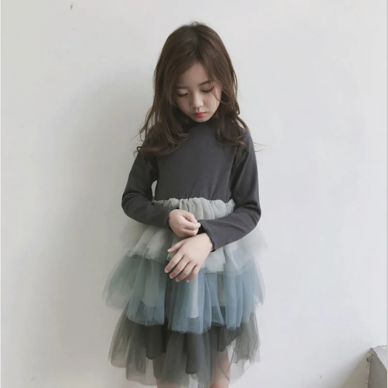 

New Korean style Autumn Mesh gradient ramp 6-12 years chidlren Cake kids dresses for girls