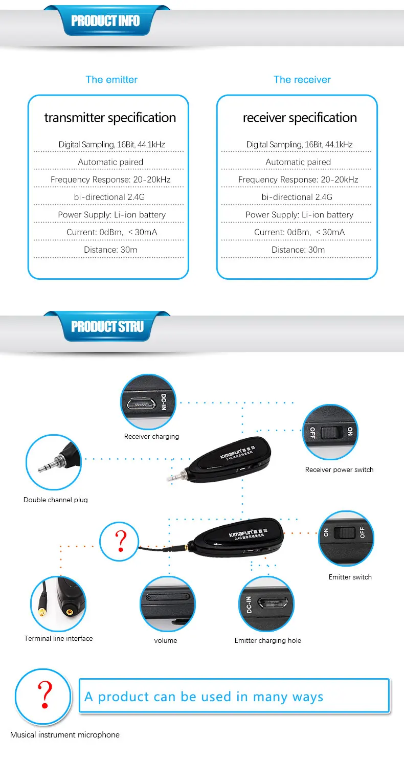 KIMAFUN Профессиональный 2,4G беспроводной инструмент микрофонная система приемник и передатчик для скрипки, гитары, альта, виолончели, мандолина
