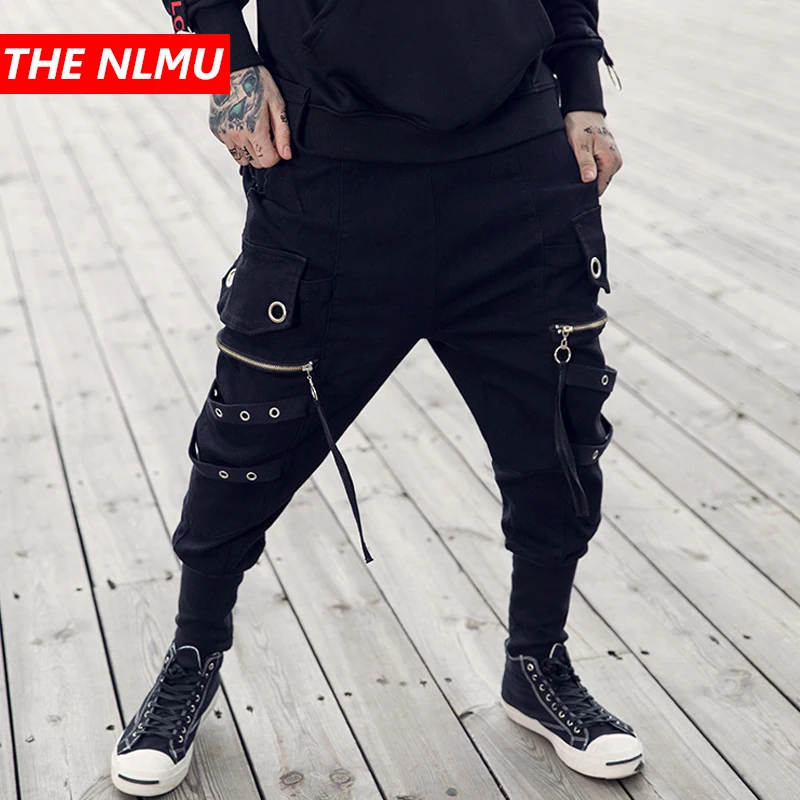 

Men Ribbons Design Harem Pants 2019 Autumn Winter Streetwear Punk Hip Hop Casual Trousers Joggers Male Dancing Pant Black WG267