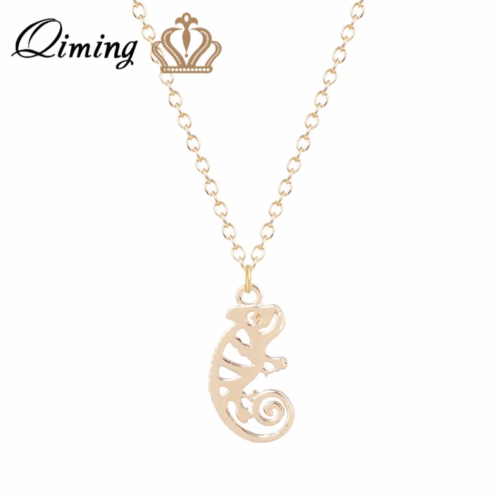 

QIMING Gold Chameleon Necklace For Women Girls Korean Vintage Jewelry Men Male Pendant Necklaces Best Gifts Collier