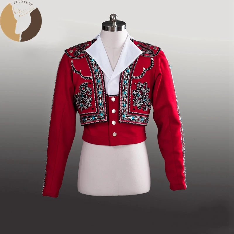 

FLTOTURE BLM011 Two Pieces Spanish Man Tunic Ballet Costumes Red Color Stage Wear Prince Top Jacket For Ballet Show Mens Tunics