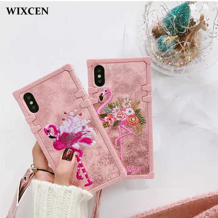 

Wixcen for Iphone 7 X Case Luxury Embroidery Case Cartoon Flamingos Phone Case for Iphone 6 6S 7 8 Plus Tpu Back Cover Lanyard