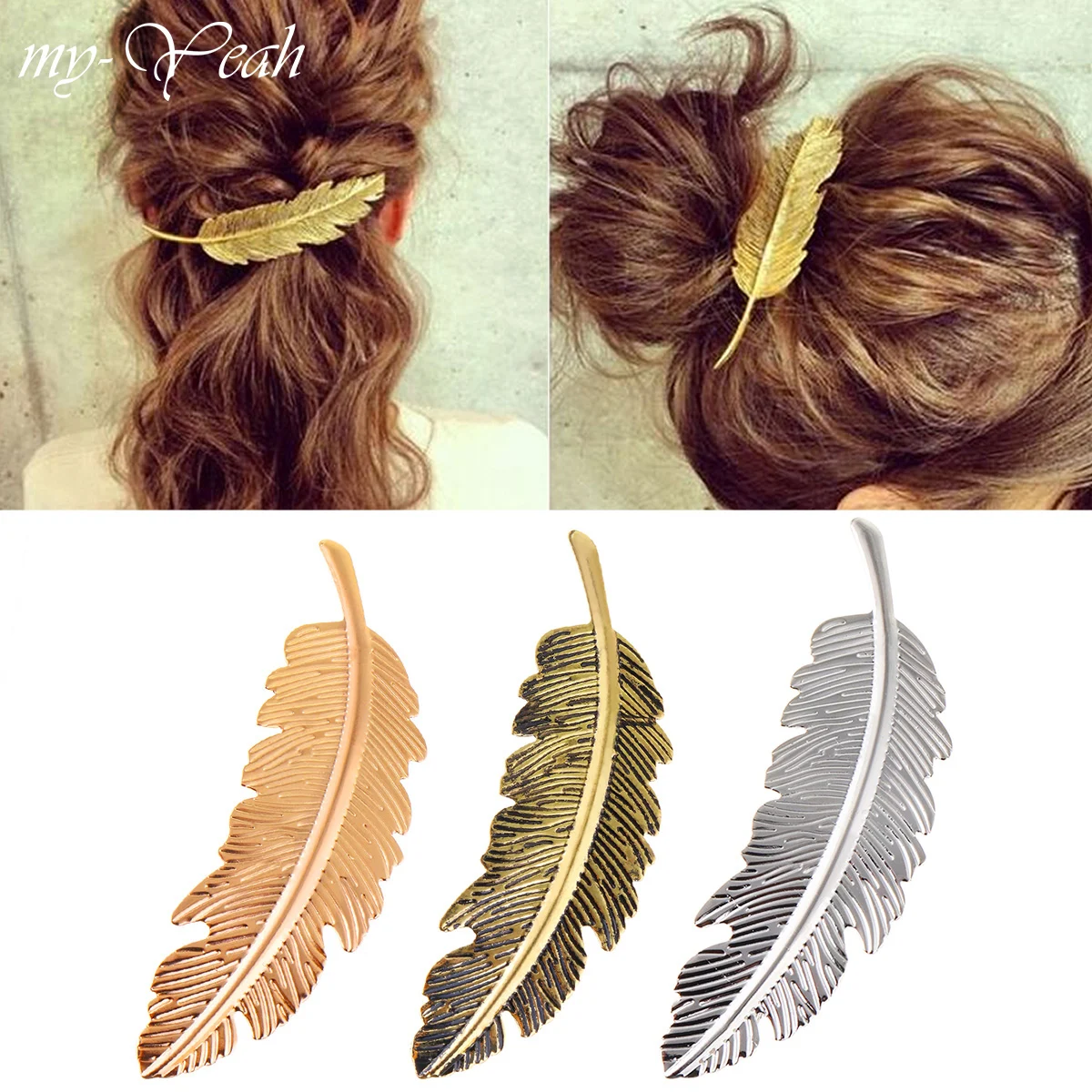 

Professional Fashion Hair Clip Metal Feather Shape Woman Girls Crystal Pearl Hairpin 3 Colors Hair Clamps Hair Styling Tool