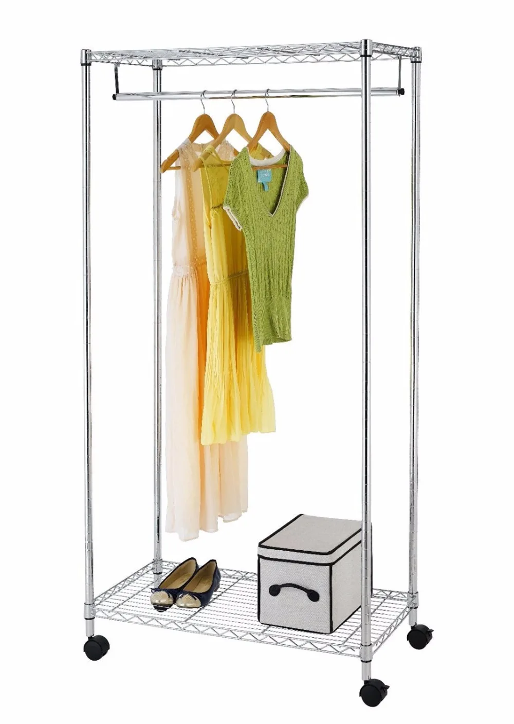 

Chrome Metal Wardrobe 2 Layers Rolling Wheels Storage Rack 36x18x72" dropshipping