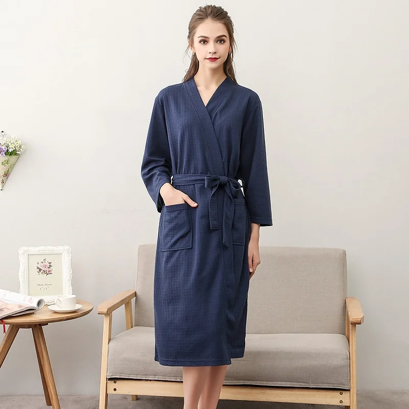 Летние вафельные халаты для влюбленных, для мужчин и женщин, кимоно для сосания воды, ночные рубашки размера плюс, купальный халат для спа, 3XL - Цвет: women navy blue