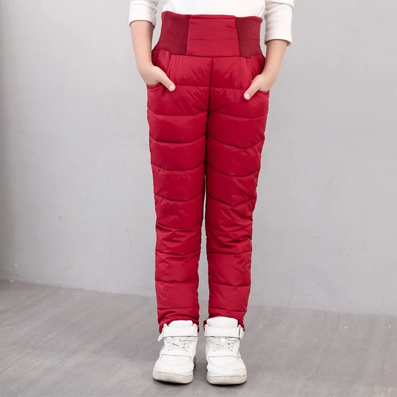 Детские зимние штаны для мальчиков и девочек толстые теплые брюки с хлопковой подкладкой водонепроницаемые лыжные штаны детские брюки с эластичной резинкой на талии для детей от 10 до 12 лет - Цвет: Красный