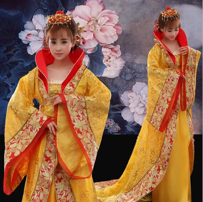 Новинка, женский костюм, hanfu, платье со шлейфом, Женская Китайская традиционная одежда, китайская черная женская одежда, Женский костюм для сцены, по телевизору - Цвет: gold