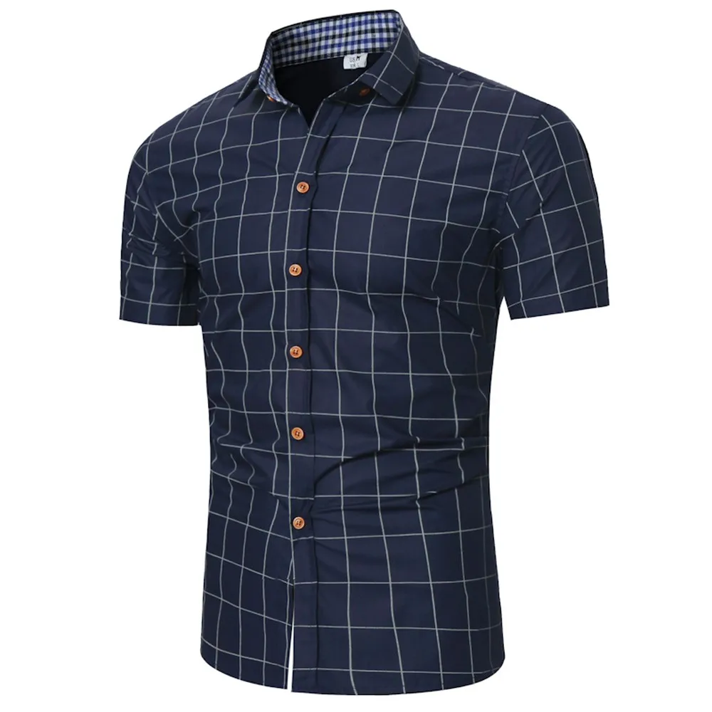 Рубашка Для мужчин лето Повседневная рубашка Для мужчин короткий рукав полиэстер Для Мужчин's в клетку Топ Slim Fit Блузка Бизнес с короткими рукавами ShirtW412