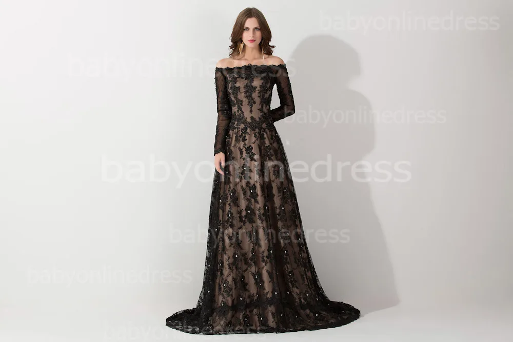Middle East Black Lace Muslim Arabic Evening Dress Long Sleeve Boat Neck Kaftan Dubai Evening Gown with Train Robe de Soiree Middle East Black Lace Muslim Arabic Evening Dress Long Sleeve Boat Neck Kaftan Dubai Evening Gown with Train Robe de Soiree