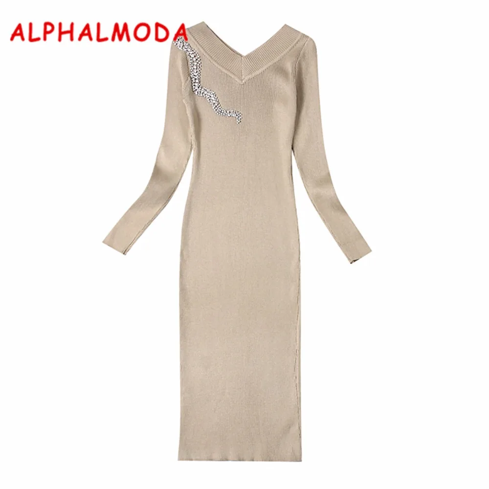 ALPHALMODA 2017 рождественское женское Элегантное трикотажное платье с кристаллами v