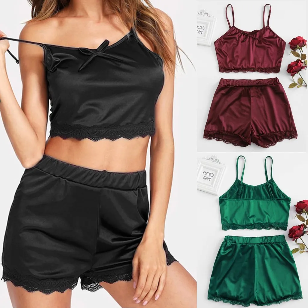 Women Sleepwear Sleeveless Bow Lingerie Nightwear Lace Trim Satin Top