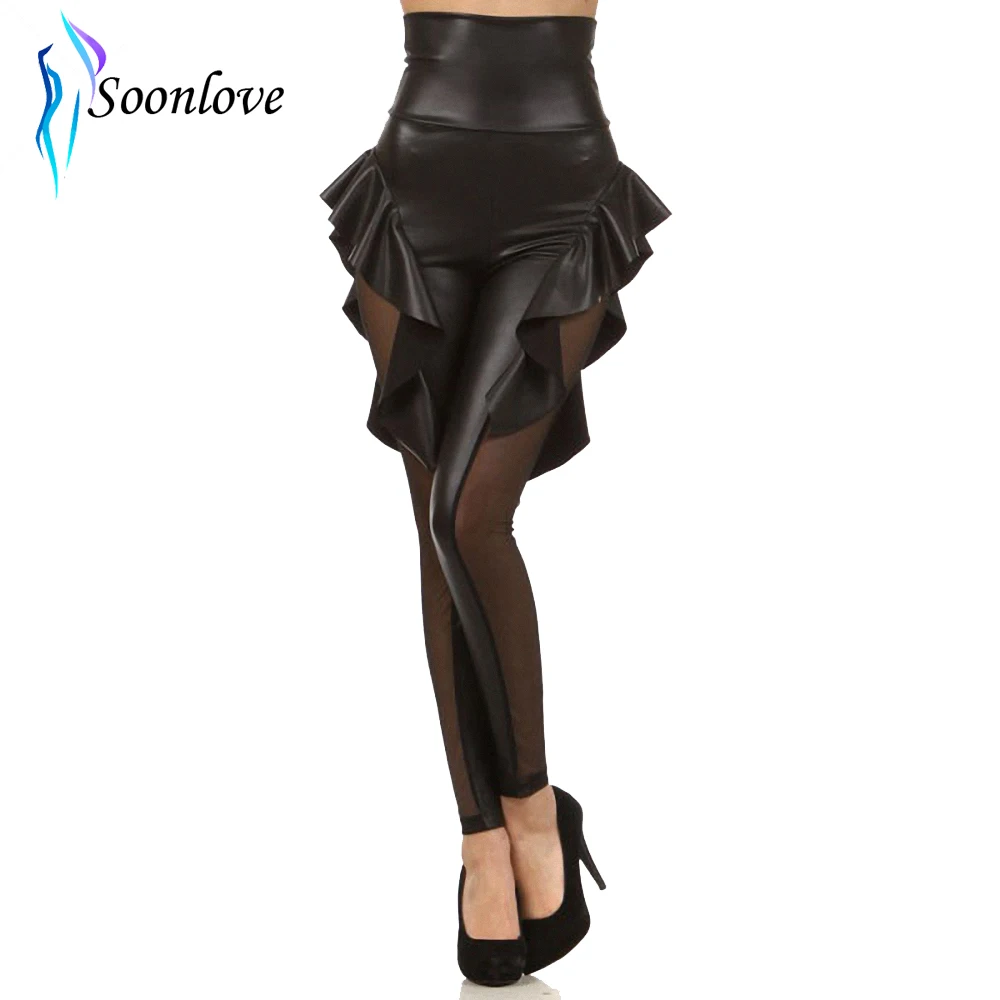 HOT TRENDY FASHION FAUX LEATHER STRAPPED MESH PANEL LEGGINGS SLIM PANTS S M L