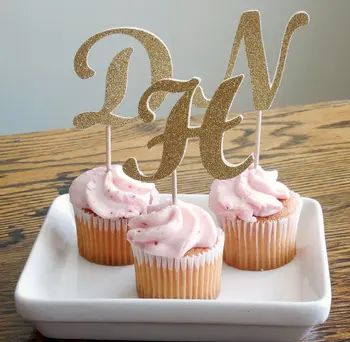 

personalized Initial Glitter Cupcake Toppers Baptism baby shower wedding birthday decorations food picks party supplies