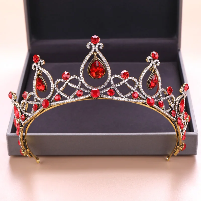 

Red Drop Crystal Rhinestone Queen Princess Diadem Gold Color Tiaras And Crowns For Bride Women Wedding Hair Accessories Party