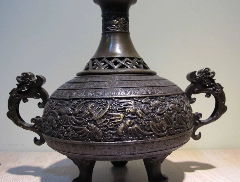 

Chinese Palace Copper Bronze Temple Beast Bat Fu Blessing Incense Burner Censer