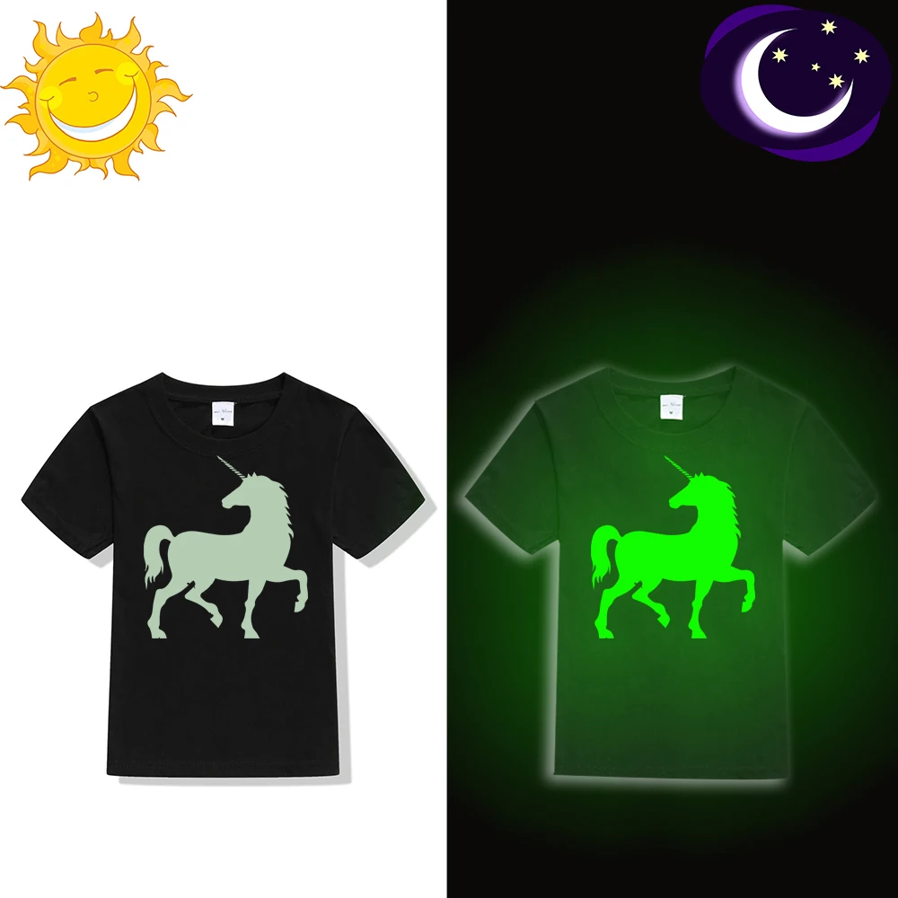 Светящаяся модная крутая Детская летняя футболка с единорогом для мальчиков и девочек светящаяся в темноте футболка для подростков повседневные флуоресцентные футболки 49D2 - Цвет: 49D2-KSTBK-