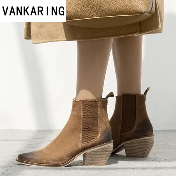 

brand handmade suede genuine leather ankle boots thick high heels motorcycle winter snow boots women's ankle boots botines mujer