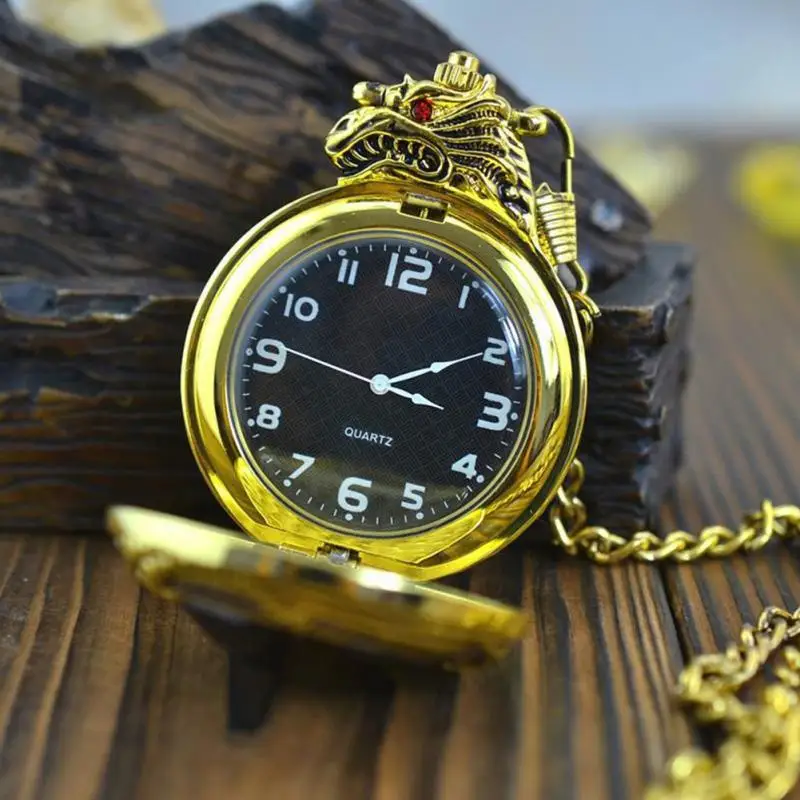 New Fashion Retro Vintage Golden Dragon Pendant Quartz Pocket Watch Chain Necklace For Women Men Formal Or Casual Dressing | Наручные