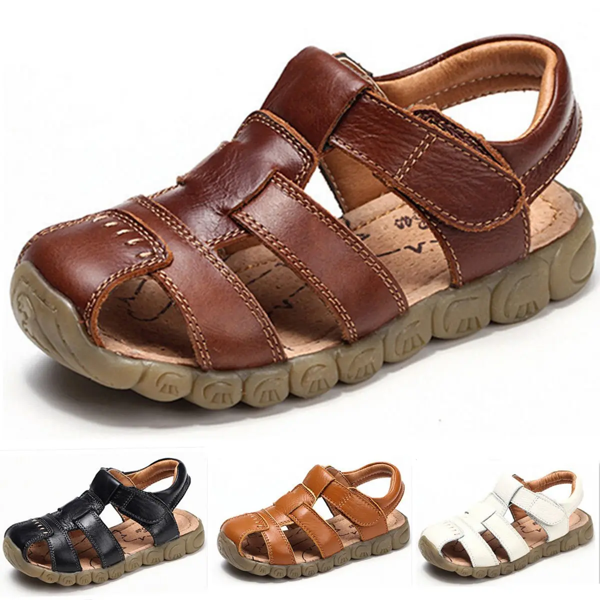 

Genuine Leather Unisex Kids Fisherman Sandals Flat Heel Soft Sole Rubber Shoes For Girls Boys Child Hollow Out Beach Sandalias