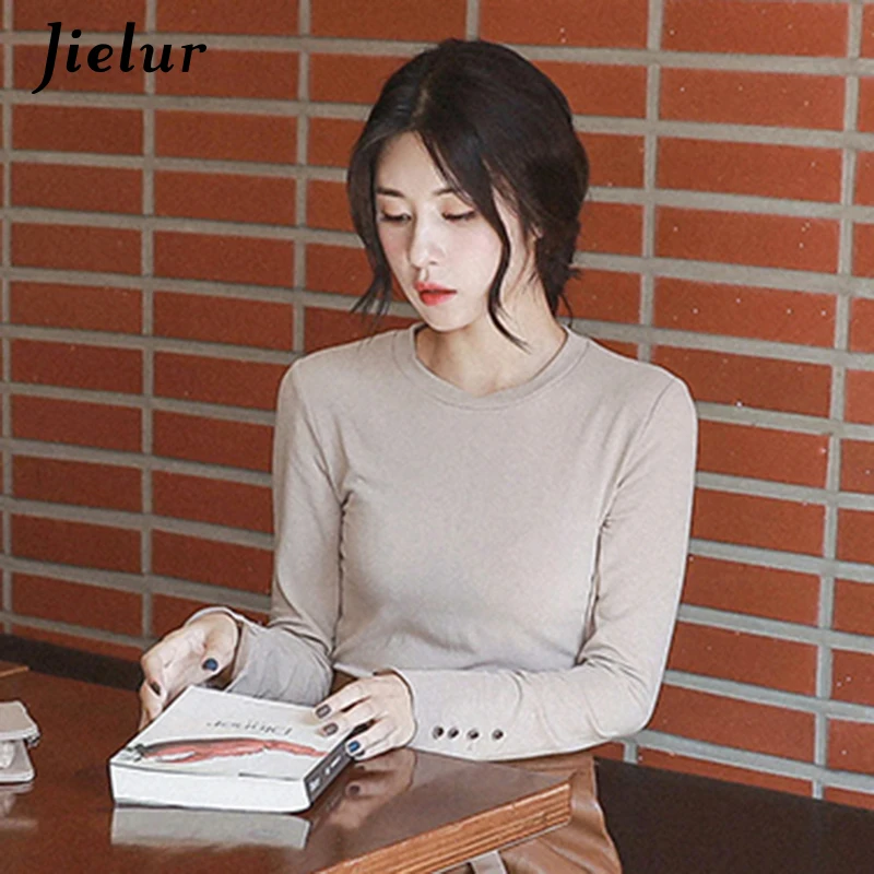 Jielur 2019 новая Корейская тонкая футболка женская одноцветная шикарная с длинными