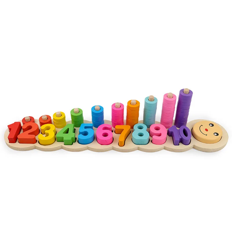  New Wooden Baby Toys Log Board of Caterpillar or Two- one Log artihmic Plate of Caterpillar Geometr