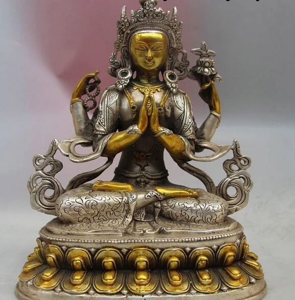 

R0722 Details about 8" China Tibet Buddhism Silver gild Four-armed Kwan-yin Guanyin buddha Statue