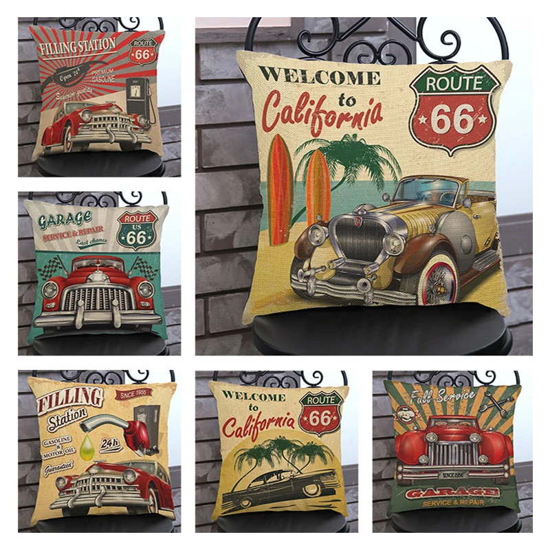 cheap 45x45 cm Square Vintage Classic Car Poster Sofa Decorative Cushion Cover Home Decor Retro Car Throw Pillow Cover