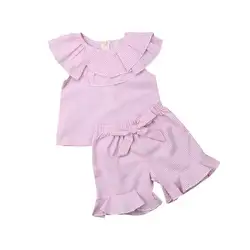 Комплект летней одежды для маленьких девочек, топы без рукавов в полоску с рюшами + шорты с рюшами и бантом, штаны, Sunsuit 2-6T