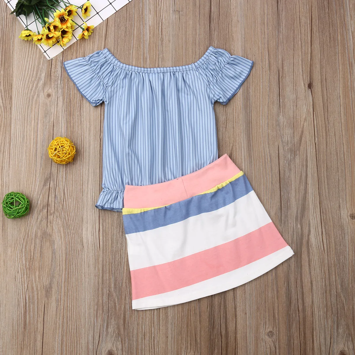 Новые модные летние комплекты одежды для маленьких девочек от 2 до 7 лет футболки в синюю полоску Топы+ мини-юбки
