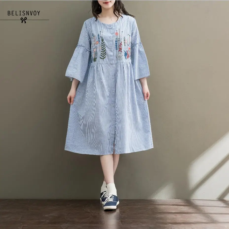 

Women Dresses 2019 Spring Summer Dress Loose Plus Size Three Quarter Sleeve Cotton Linen Striped Embroidery Dress Female