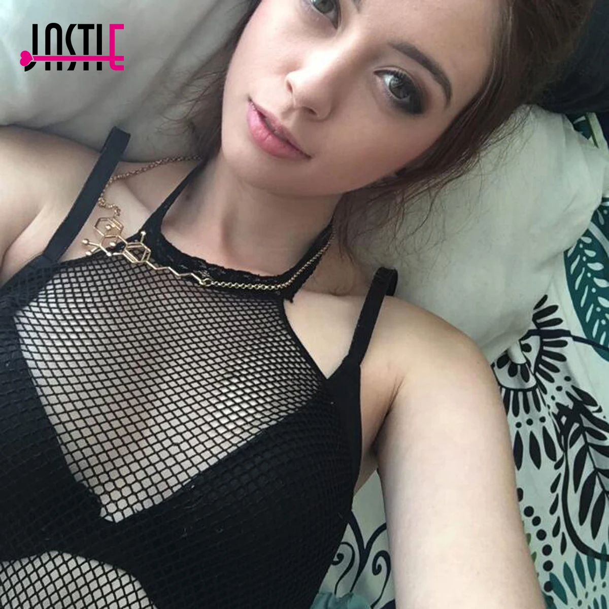 

Jastie Sexy Swingy Mesh Cami Fishnet Camisole No Back Black Tank Tops Hollow Fabric Short Tee Cropped Feminino Sleeveless