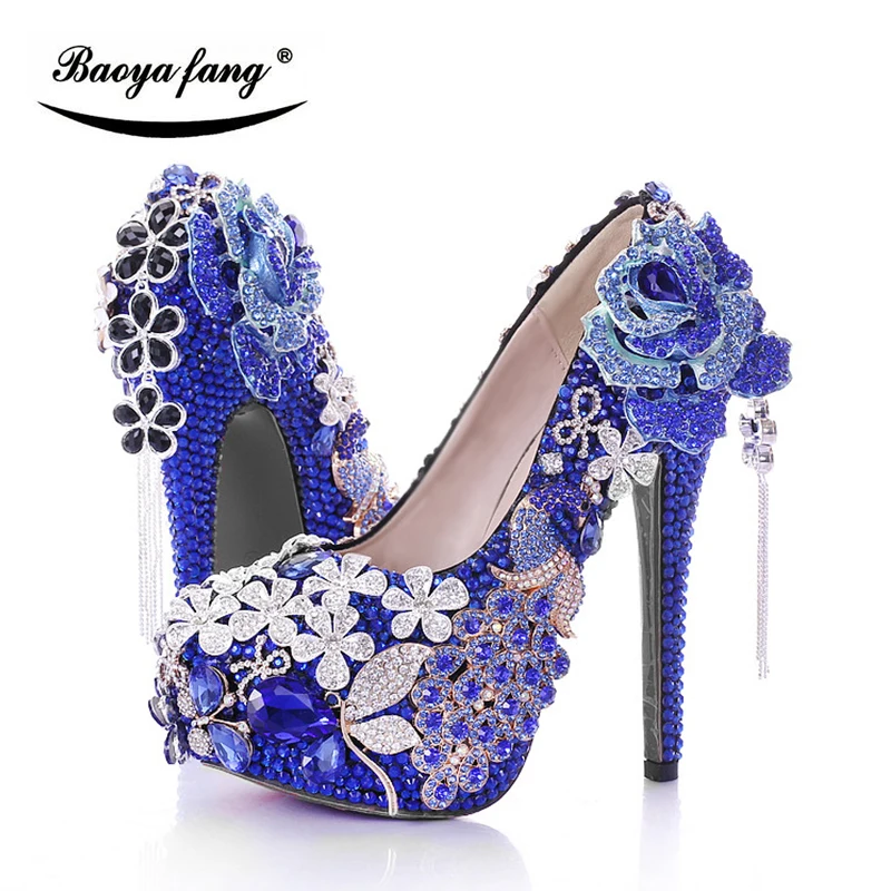 BaoYaFang/роскошная женская свадебная обувь с синими кристаллами; обувь на платформе и высоком каблуке для невесты; женская обувь под вечернее платье; женские туфли-лодочки на высоком каблуке