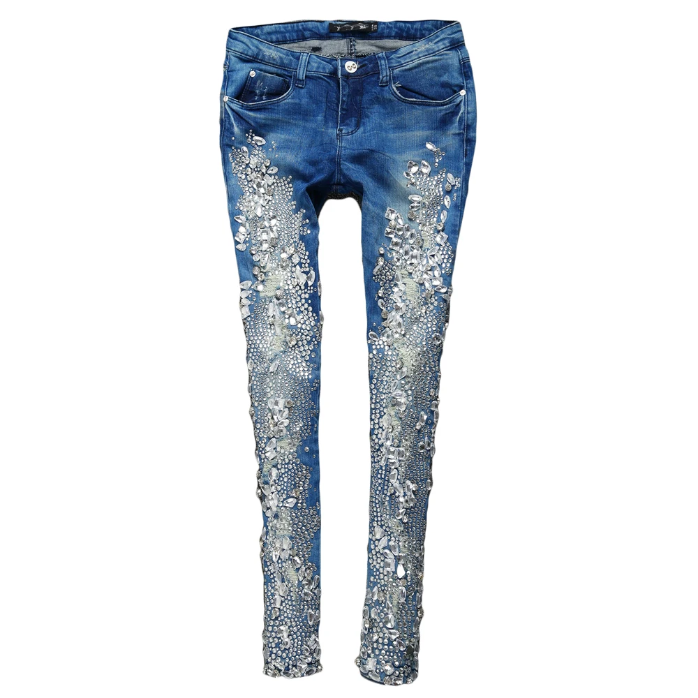 Luxury Diamond Silver Jeans with Rhinestones Diamond Pocket Jeans