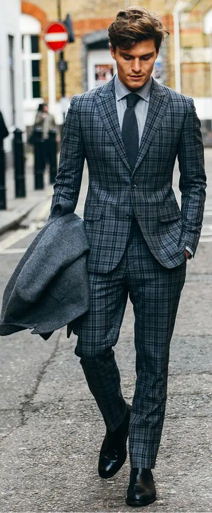 Для мужчин s костюмы с брюками серый в клетку британский стиль Для мужчин костюм Slim Fit Формальные Бизнес Винтаж узор на заказ смокинг Блейзер 2 шт