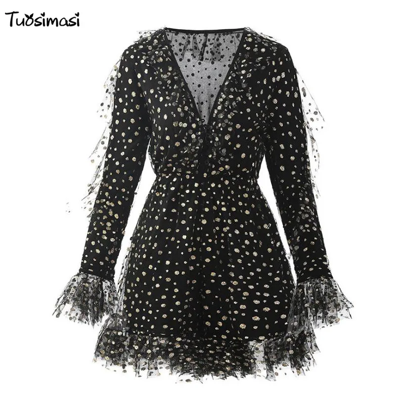 2018 sequined summer Night Starlight V neck black meash flare sleeve