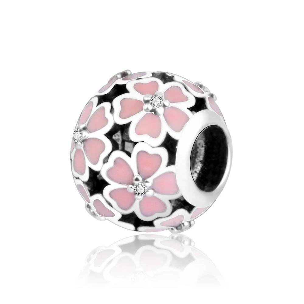 Original 100 925 Sterling Silver Beads Pink Enamel Rose Flower Charm