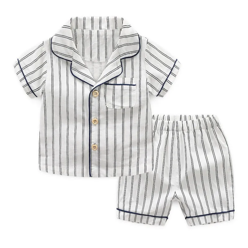 Новые летние детские пижамы, детские костюмы, рубашка+ шорты, 2 предмета, хлопковая одежда для сна, полосатые пижамы для малышей, комплект нижнего белья для мальчиков и девочек - Цвет: Белый