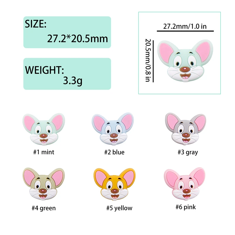6pcs Silicone Beads Of Mouse Cartoon Animal Teething Food Grade DIY Kid Newborn Pacifier Clips Chains Baby Teethers Let's Make