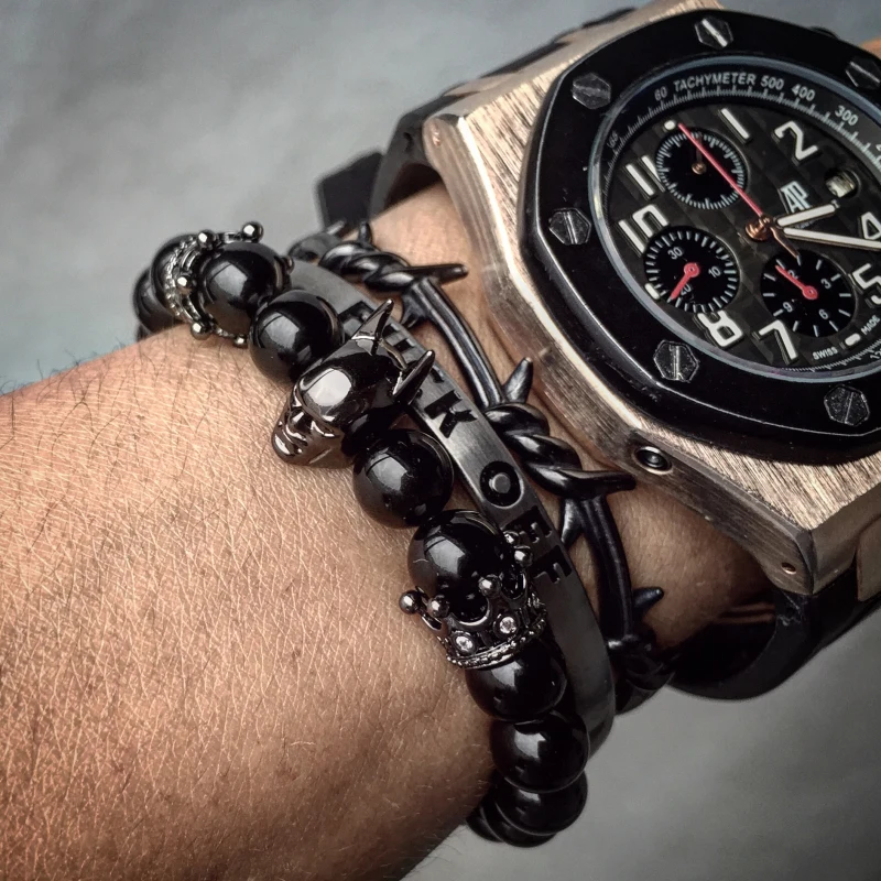 24k Gold Plated Roman Knight Batman & Crown Bracelet Men Black Nature Agate Stone Bead Bracelets For Men Jewelry Bangle