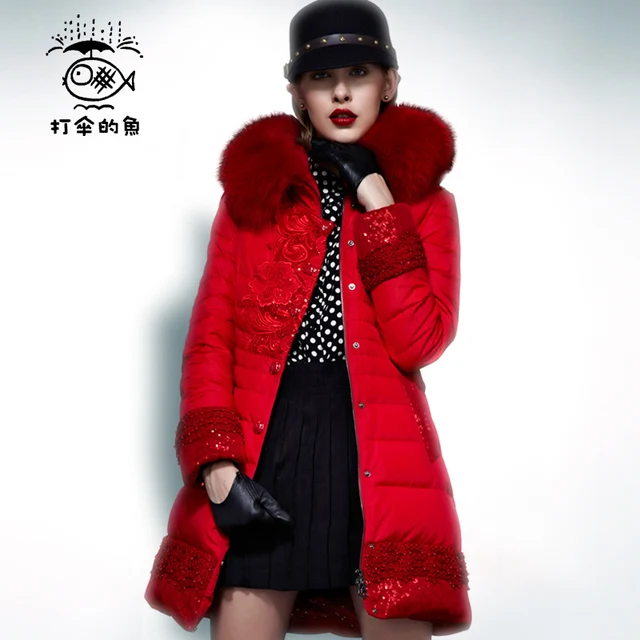 Cheap  2013 Winter Noble A Luxury Women Medium Long Fox Fur collar Down jackets Thicken Rabbit Belt Plus Size 3XL 4XLCoat Free EMS